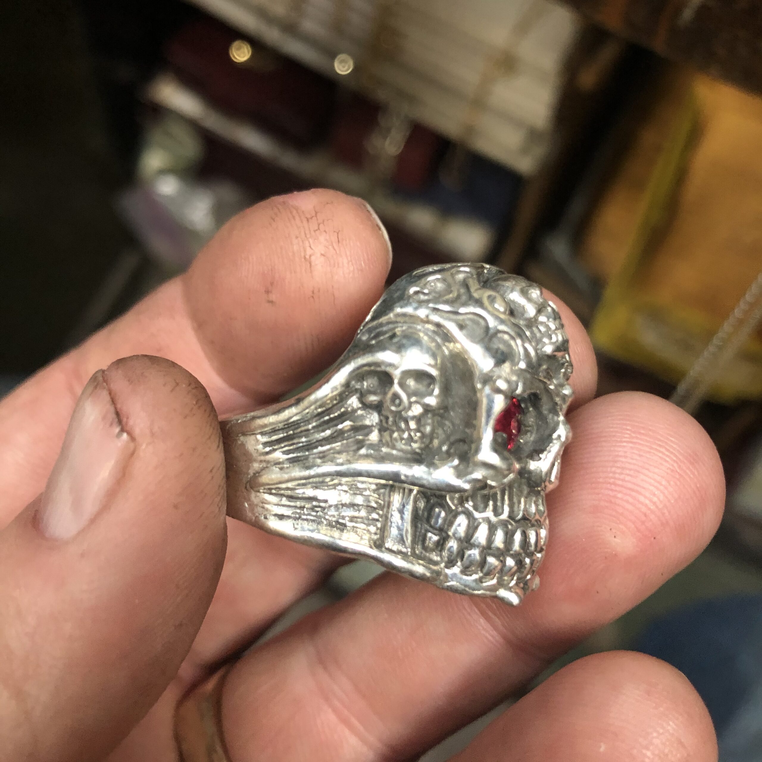 Day of the Dead Sterling Silver Skull Ring with Red Gem Eyes